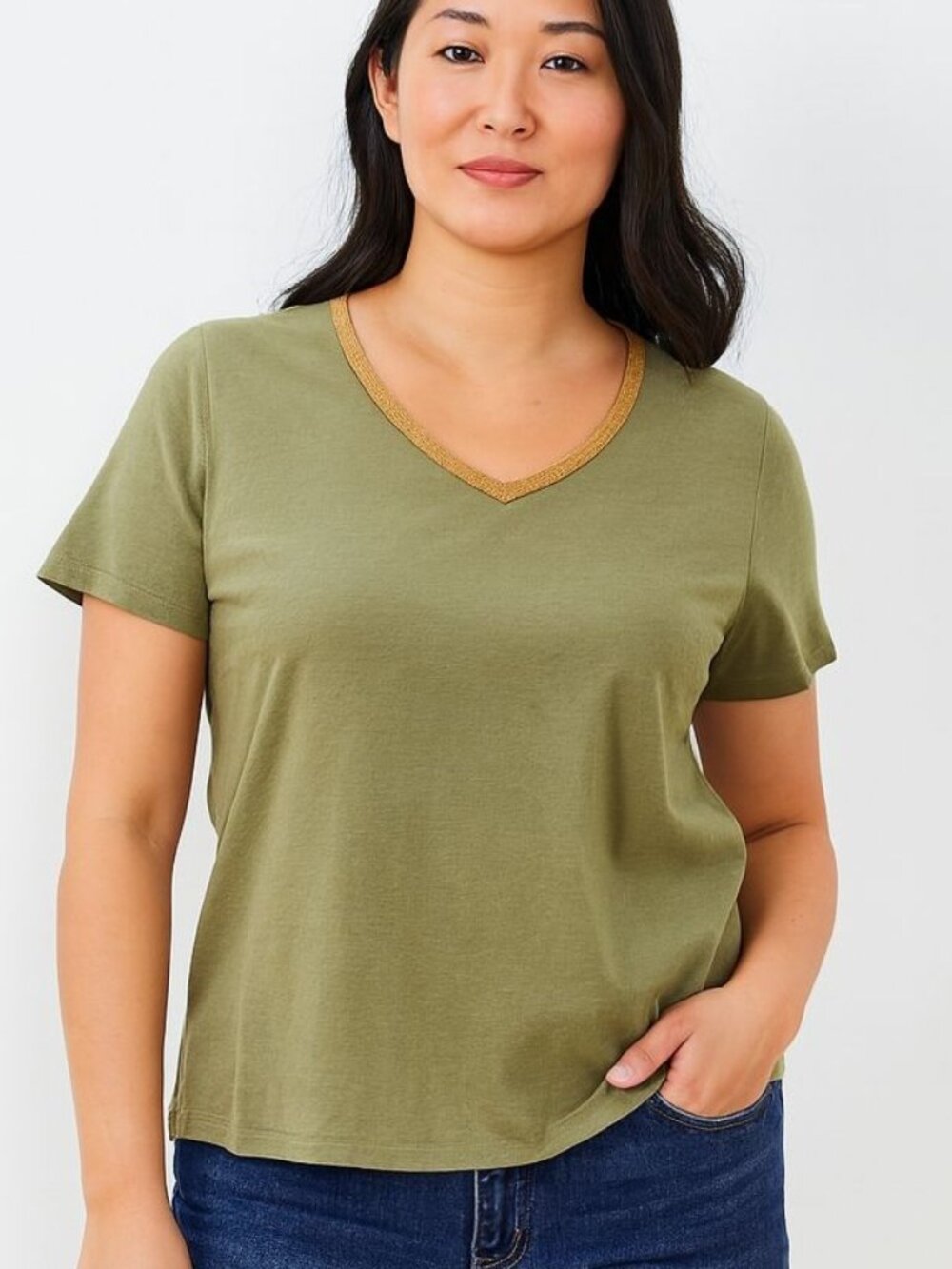 Talbots Womens Top Linen Gold Bead Trim Tee Olive Green Short Sleeve Size XL
